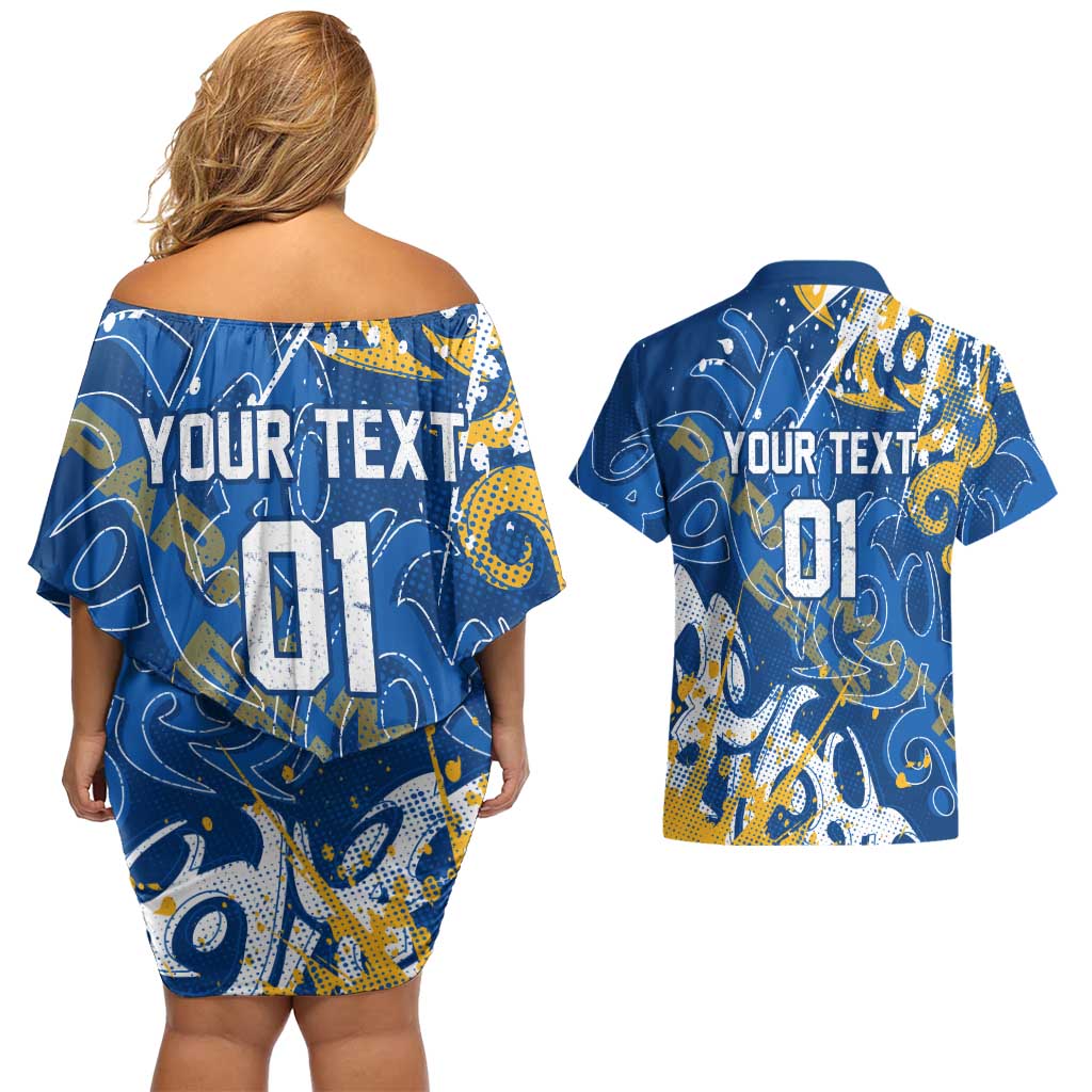 Personalized Parramatta Eels Rugby Couples Matching Off Shoulder Short Dress and Hawaiian Shirt Urban Street Graffiti Style - Distressed Splatter Elements