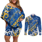 Personalized Parramatta Eels Rugby Couples Matching Off Shoulder Short Dress and Long Sleeve Button Shirt Urban Street Graffiti Style - Distressed Splatter Elements