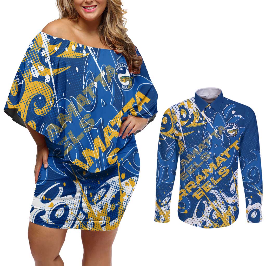 Personalized Parramatta Eels Rugby Couples Matching Off Shoulder Short Dress and Long Sleeve Button Shirt Urban Street Graffiti Style - Distressed Splatter Elements