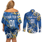 Personalized Parramatta Eels Rugby Couples Matching Off Shoulder Short Dress and Long Sleeve Button Shirt Urban Street Graffiti Style - Distressed Splatter Elements