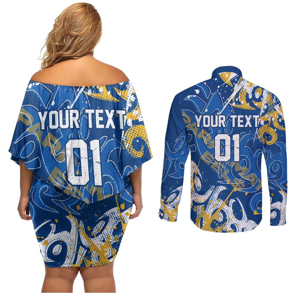 Personalized Parramatta Eels Rugby Couples Matching Off Shoulder Short Dress and Long Sleeve Button Shirt Urban Street Graffiti Style - Distressed Splatter Elements