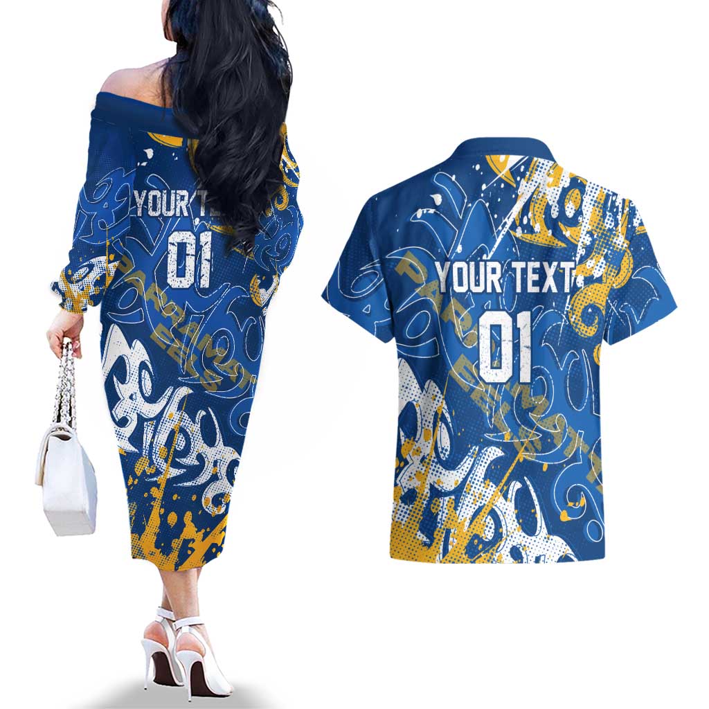 Personalized Parramatta Eels Rugby Couples Matching Off The Shoulder Long Sleeve Dress and Hawaiian Shirt Urban Street Graffiti Style - Distressed Splatter Elements