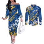 Personalized Parramatta Eels Rugby Couples Matching Off The Shoulder Long Sleeve Dress and Long Sleeve Button Shirt Urban Street Graffiti Style - Distressed Splatter Elements