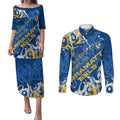 Personalized Parramatta Eels Rugby Couples Matching Puletasi and Long Sleeve Button Shirt Urban Street Graffiti Style - Distressed Splatter Elements