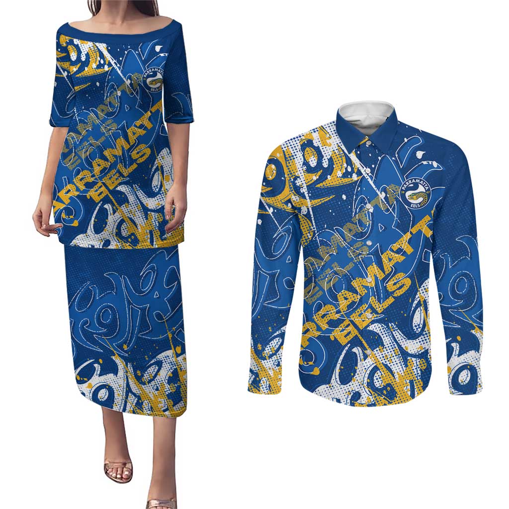 Personalized Parramatta Eels Rugby Couples Matching Puletasi and Long Sleeve Button Shirt Urban Street Graffiti Style - Distressed Splatter Elements