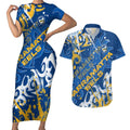 Personalized Parramatta Eels Rugby Couples Matching Short Sleeve Bodycon Dress and Hawaiian Shirt Urban Street Graffiti Style - Distressed Splatter Elements