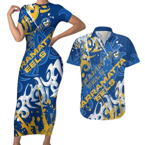 Personalized Parramatta Eels Rugby Couples Matching Short Sleeve Bodycon Dress and Hawaiian Shirt Urban Street Graffiti Style - Distressed Splatter Elements