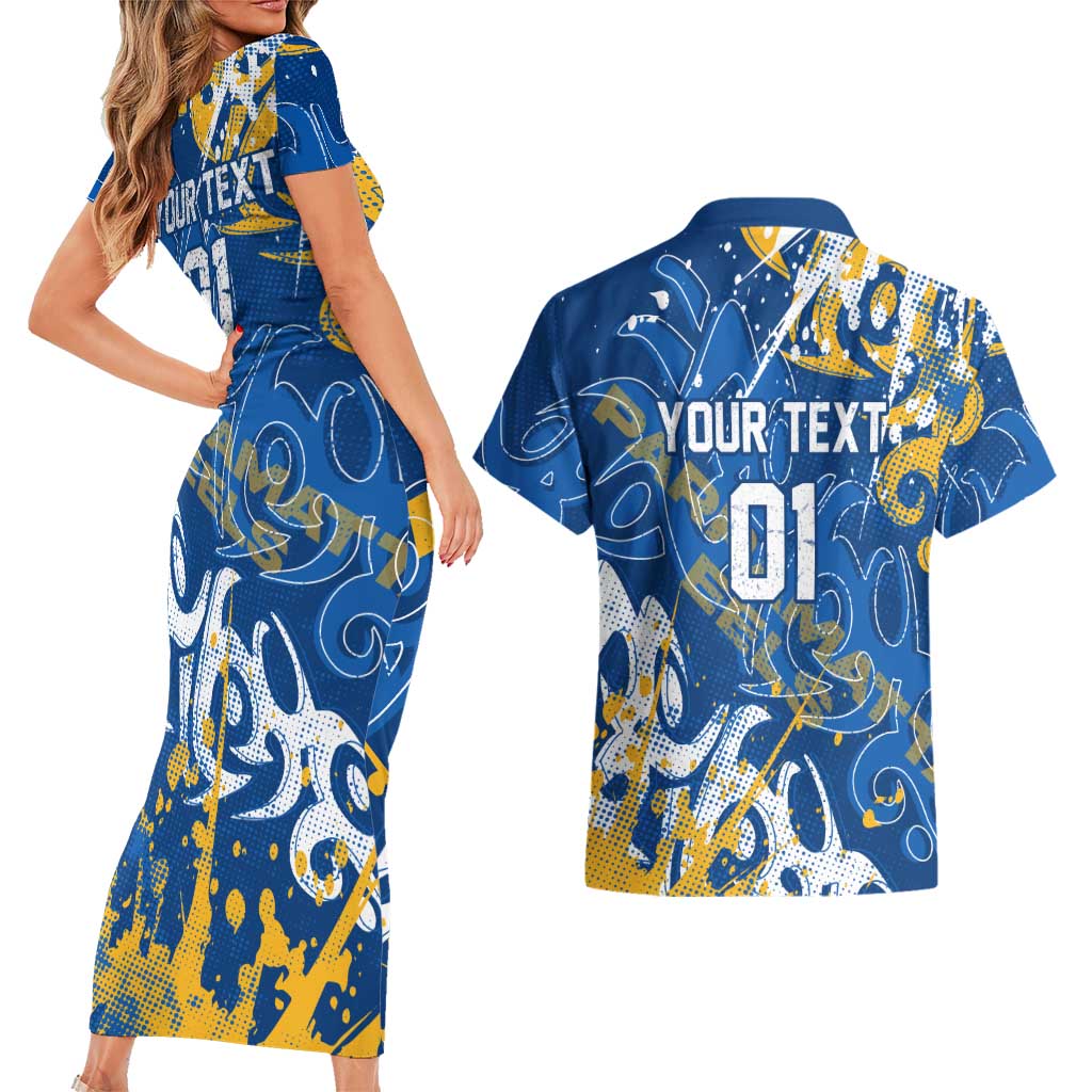 Personalized Parramatta Eels Rugby Couples Matching Short Sleeve Bodycon Dress and Hawaiian Shirt Urban Street Graffiti Style - Distressed Splatter Elements