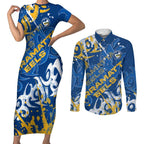 Personalized Parramatta Eels Rugby Couples Matching Short Sleeve Bodycon Dress and Long Sleeve Button Shirt Urban Street Graffiti Style - Distressed Splatter Elements