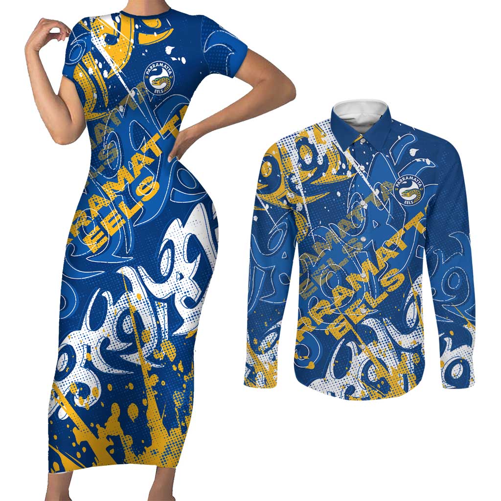 Personalized Parramatta Eels Rugby Couples Matching Short Sleeve Bodycon Dress and Long Sleeve Button Shirt Urban Street Graffiti Style - Distressed Splatter Elements