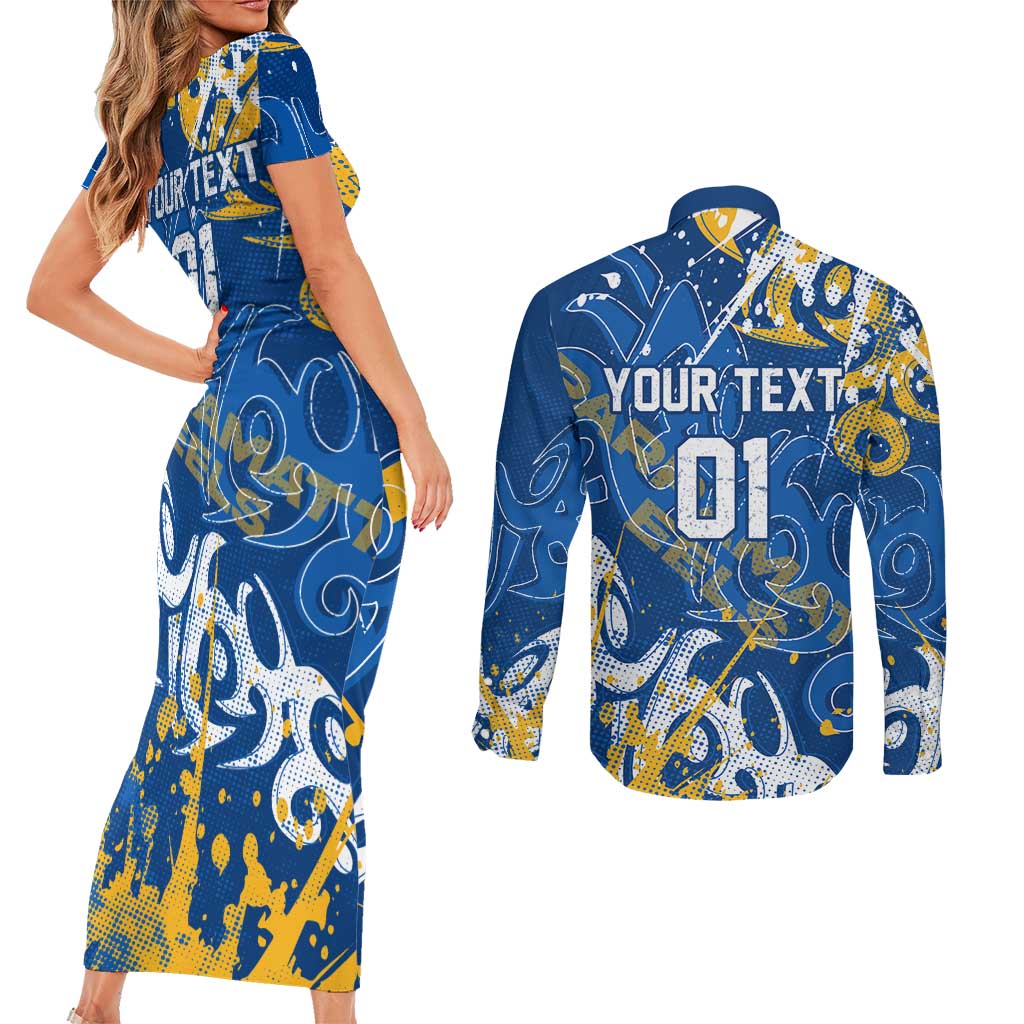 Personalized Parramatta Eels Rugby Couples Matching Short Sleeve Bodycon Dress and Long Sleeve Button Shirt Urban Street Graffiti Style - Distressed Splatter Elements