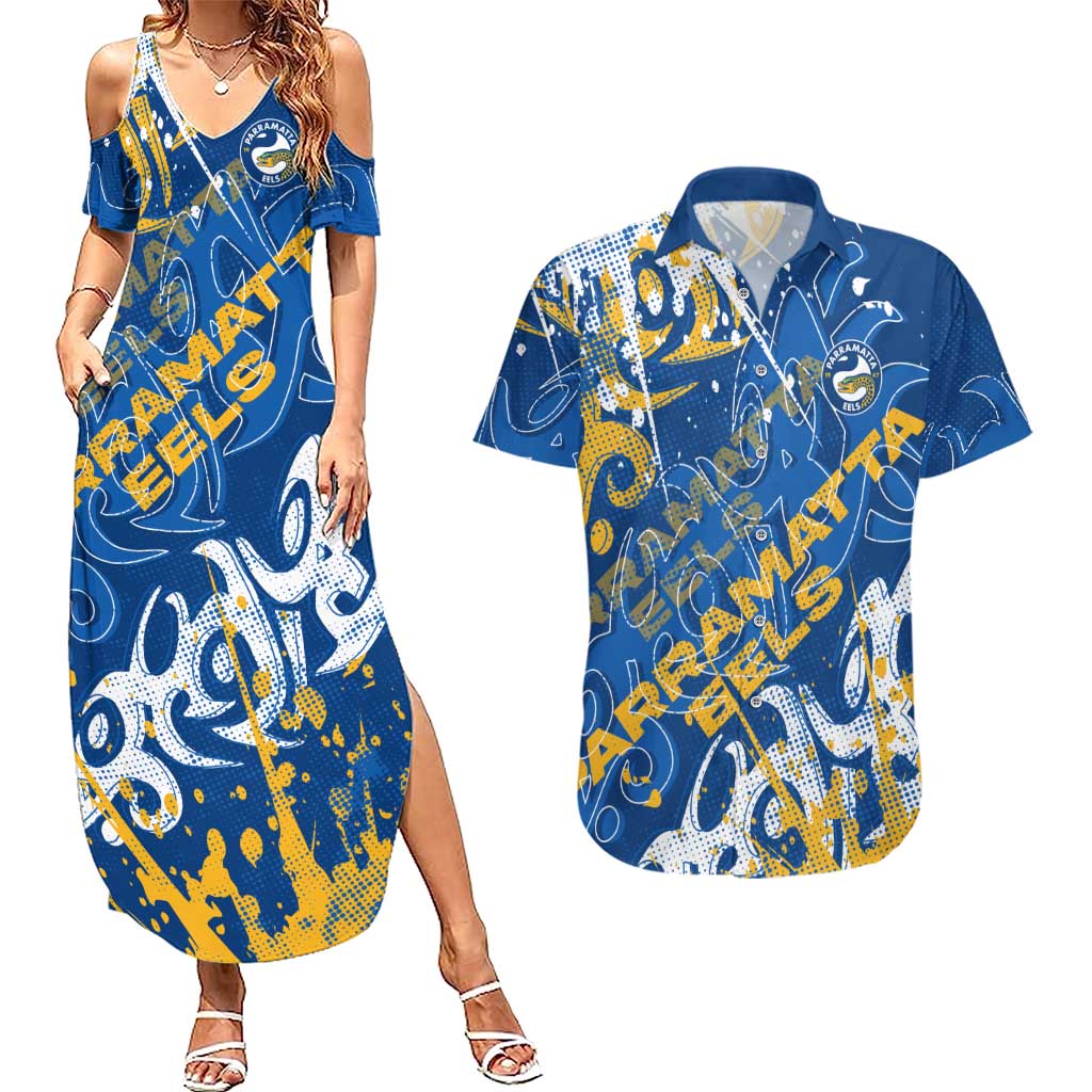 Personalized Parramatta Eels Rugby Couples Matching Summer Maxi Dress and Hawaiian Shirt Urban Street Graffiti Style - Distressed Splatter Elements