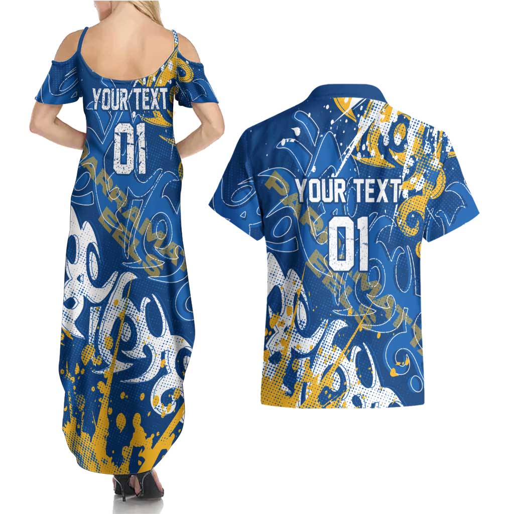 Personalized Parramatta Eels Rugby Couples Matching Summer Maxi Dress and Hawaiian Shirt Urban Street Graffiti Style - Distressed Splatter Elements