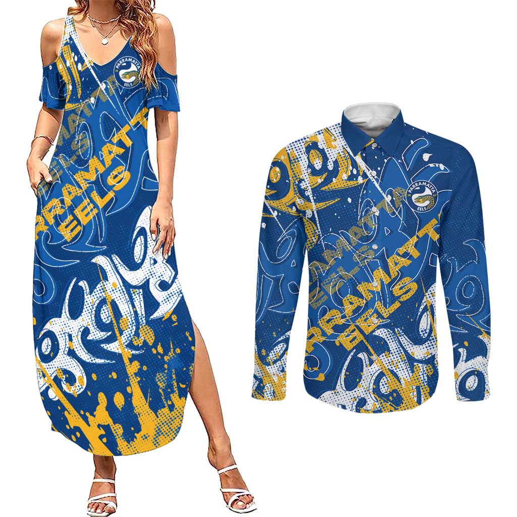 Personalized Parramatta Eels Rugby Couples Matching Summer Maxi Dress and Long Sleeve Button Shirt Urban Street Graffiti Style - Distressed Splatter Elements