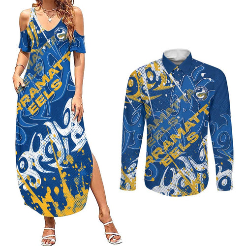 Personalized Parramatta Eels Rugby Couples Matching Summer Maxi Dress and Long Sleeve Button Shirt Urban Street Graffiti Style - Distressed Splatter Elements