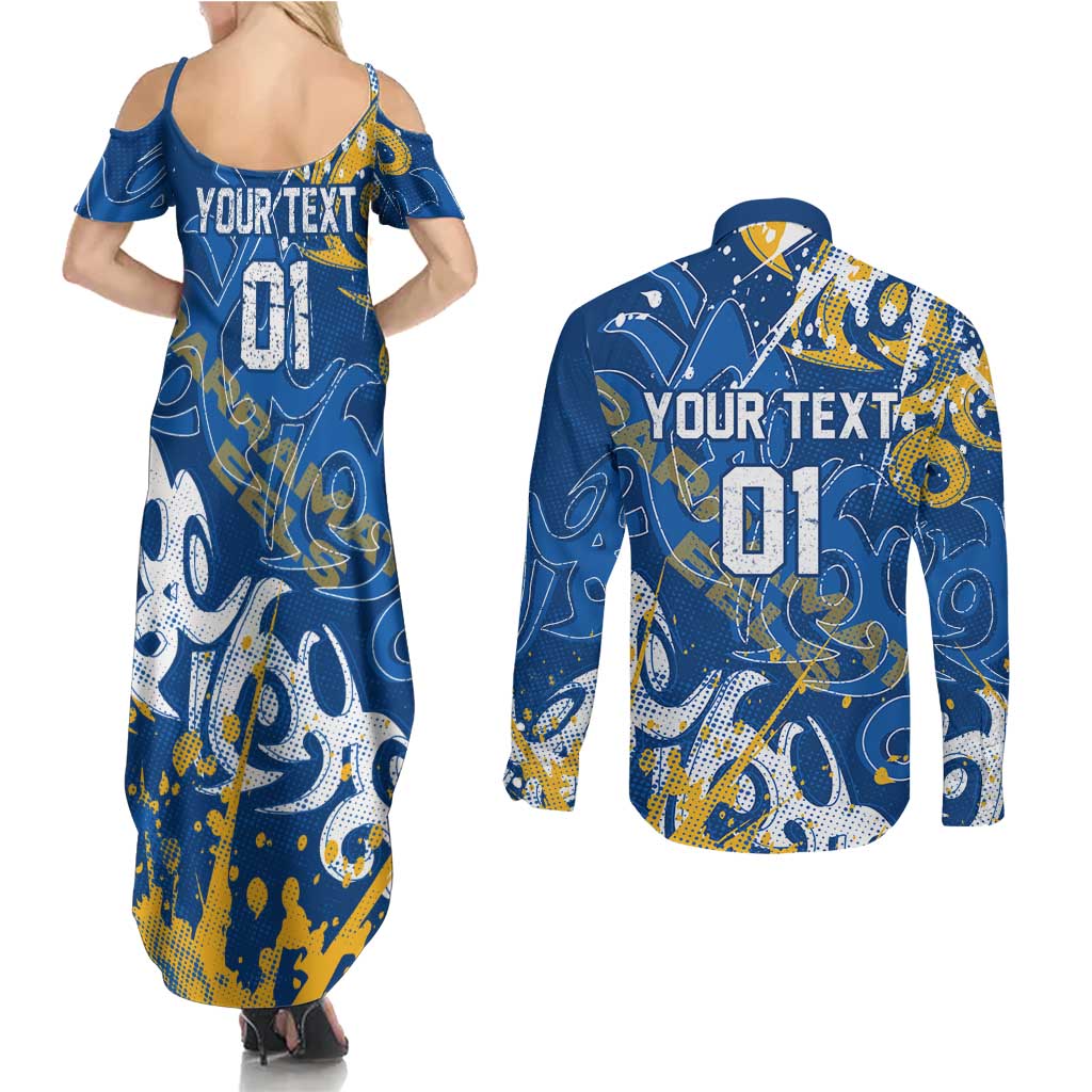 Personalized Parramatta Eels Rugby Couples Matching Summer Maxi Dress and Long Sleeve Button Shirt Urban Street Graffiti Style - Distressed Splatter Elements