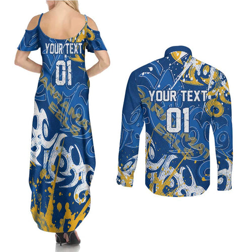 Personalized Parramatta Eels Rugby Couples Matching Summer Maxi Dress and Long Sleeve Button Shirt Urban Street Graffiti Style - Distressed Splatter Elements
