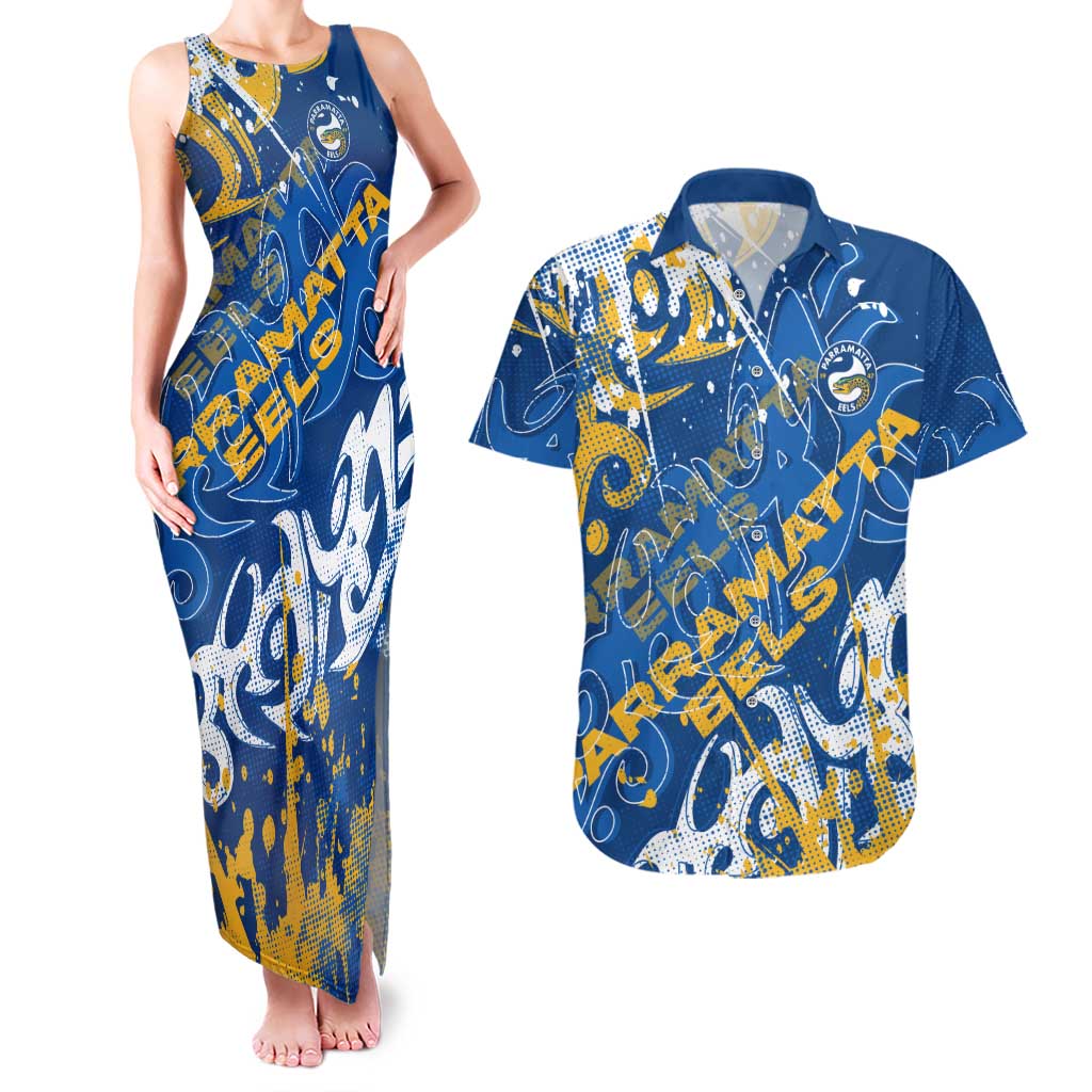 Personalized Parramatta Eels Rugby Couples Matching Tank Maxi Dress and Hawaiian Shirt Urban Street Graffiti Style - Distressed Splatter Elements