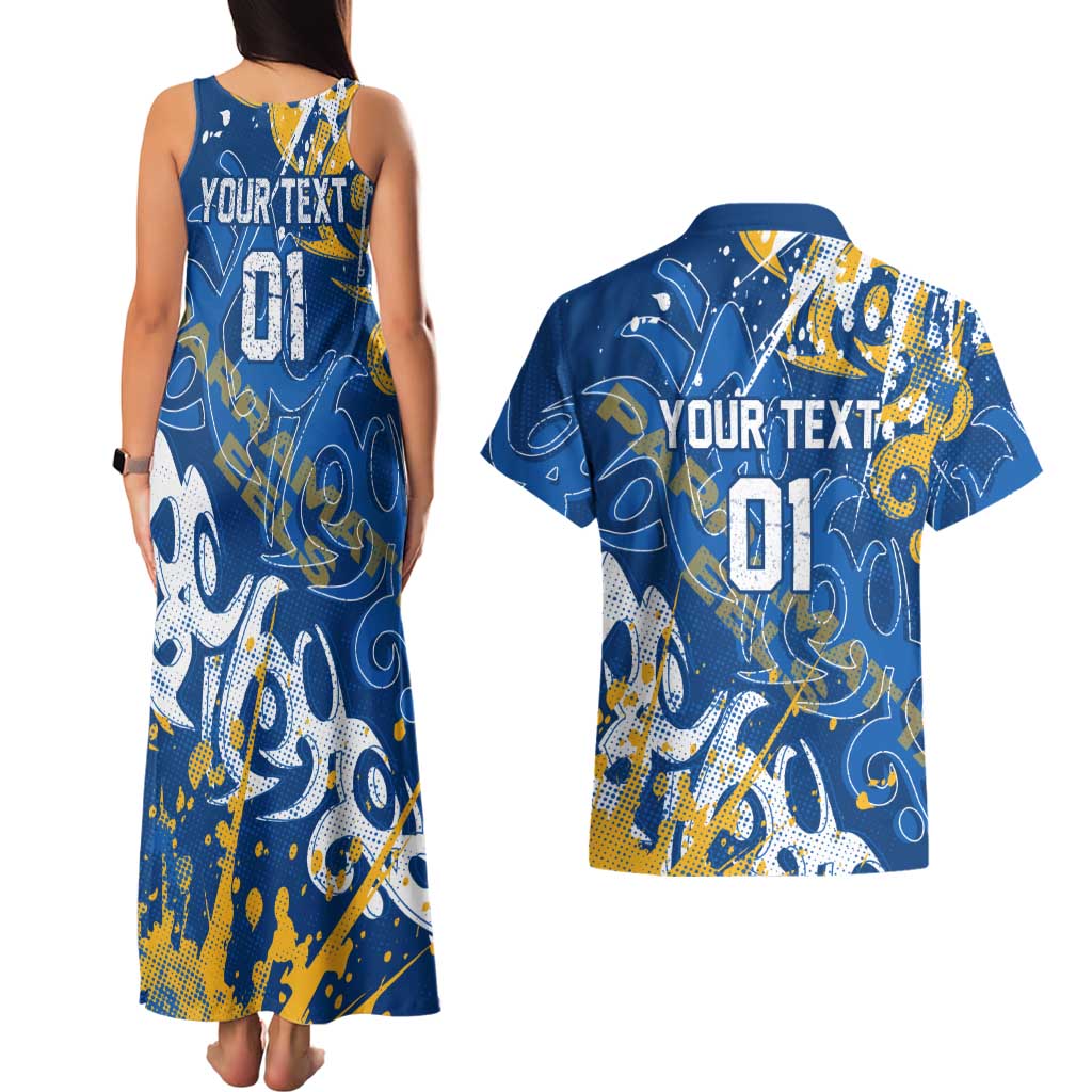 Personalized Parramatta Eels Rugby Couples Matching Tank Maxi Dress and Hawaiian Shirt Urban Street Graffiti Style - Distressed Splatter Elements
