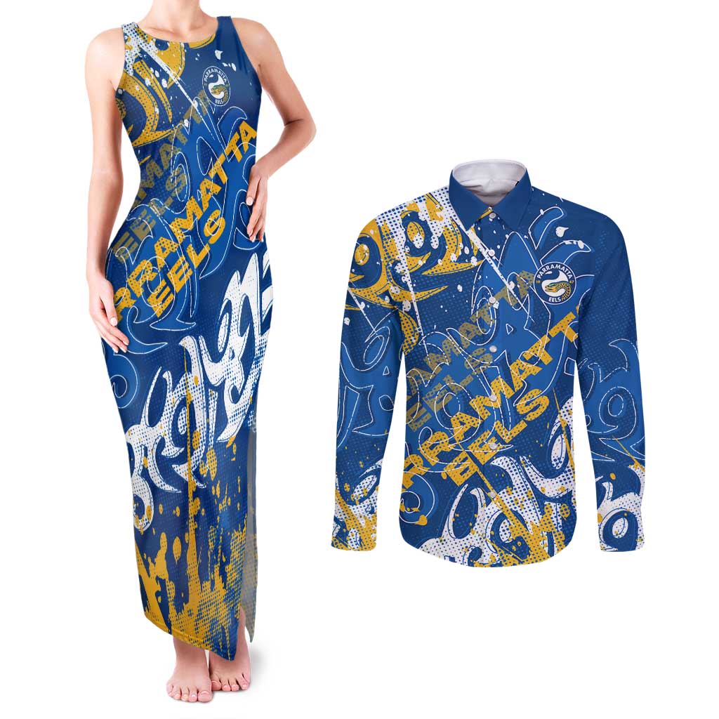 Personalized Parramatta Eels Rugby Couples Matching Tank Maxi Dress and Long Sleeve Button Shirt Urban Street Graffiti Style - Distressed Splatter Elements