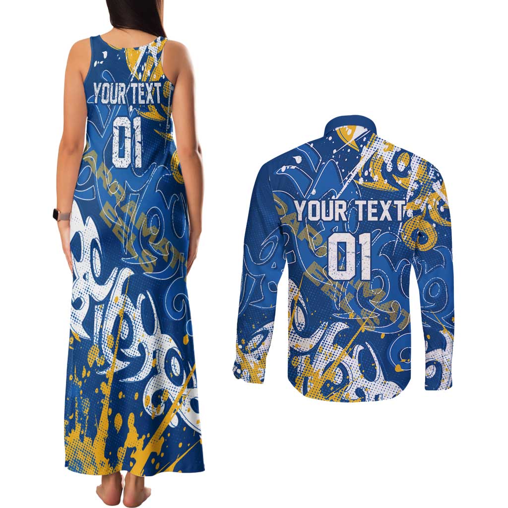 Personalized Parramatta Eels Rugby Couples Matching Tank Maxi Dress and Long Sleeve Button Shirt Urban Street Graffiti Style - Distressed Splatter Elements
