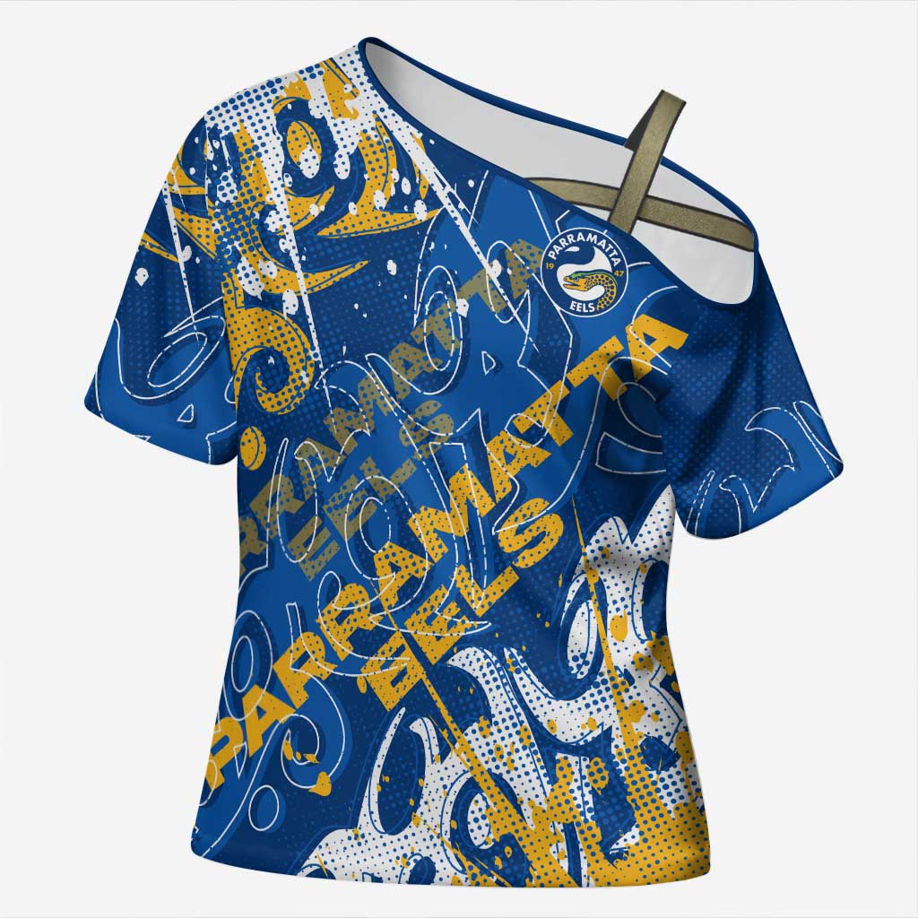 Personalized Parramatta Eels Rugby Cross Shoulder Shirt Urban Street Graffiti Style - Distressed Splatter Elements