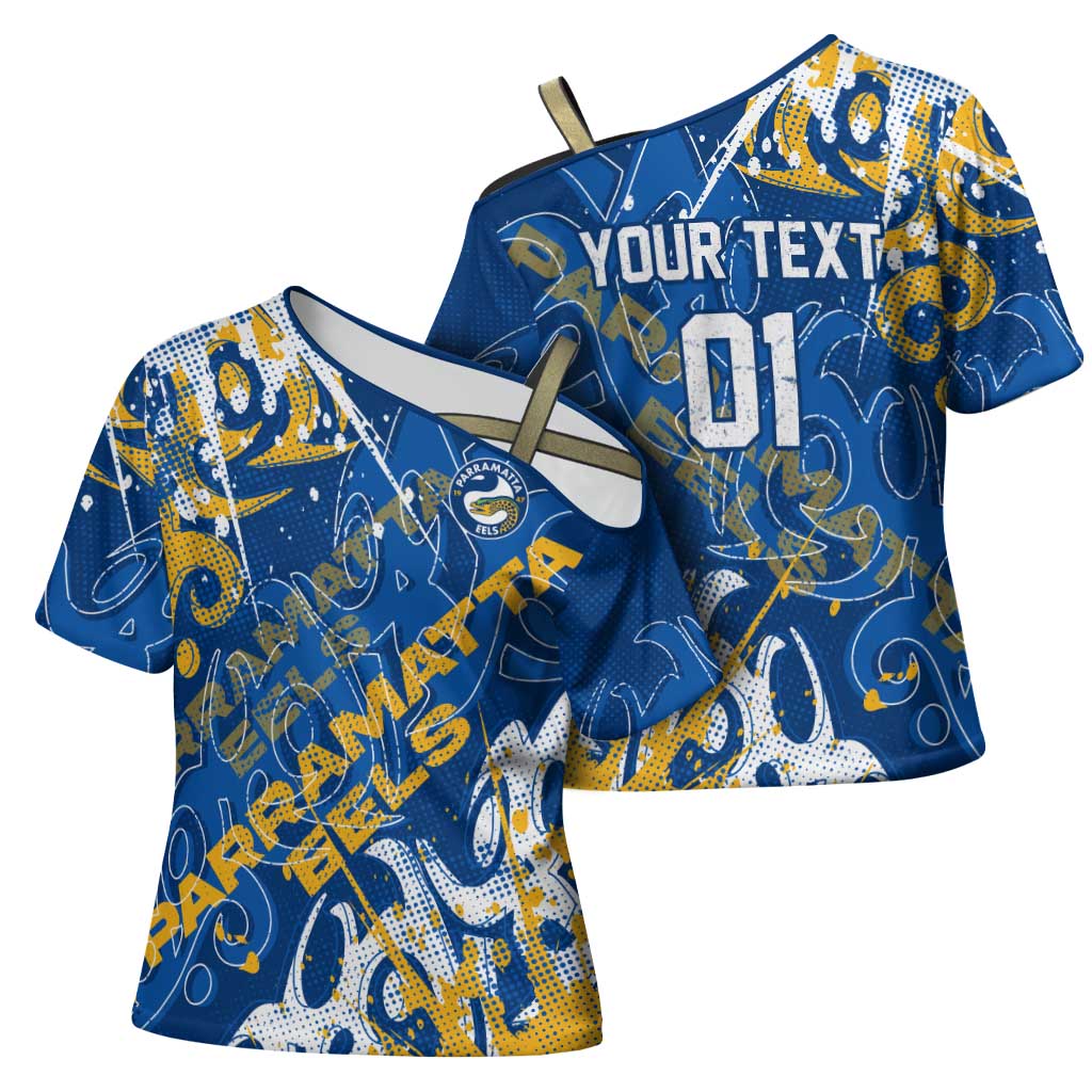 Personalized Parramatta Eels Rugby Cross Shoulder Shirt Urban Street Graffiti Style - Distressed Splatter Elements