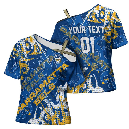 Personalized Parramatta Eels Rugby Cross Shoulder Shirt Urban Street Graffiti Style - Distressed Splatter Elements