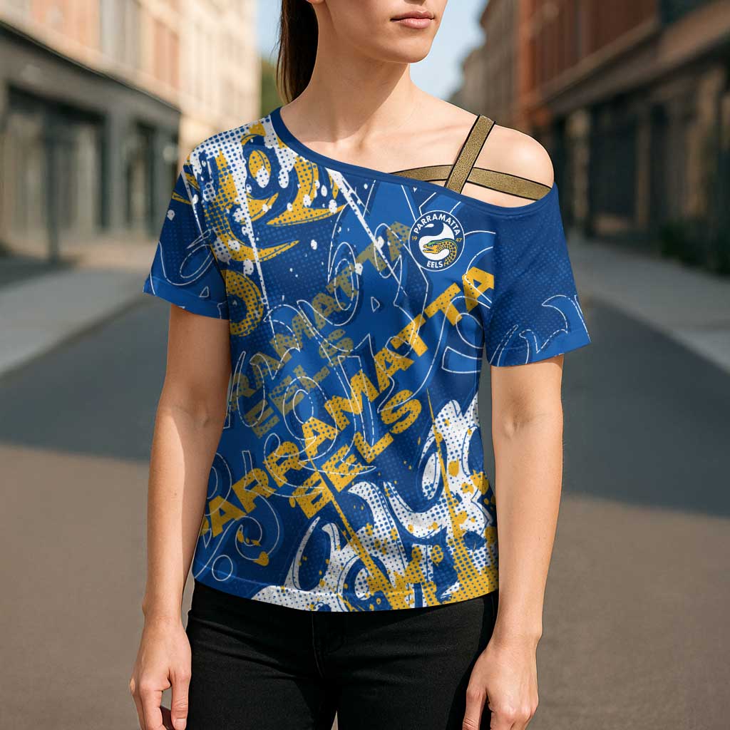 Personalized Parramatta Eels Rugby Cross Shoulder Shirt Urban Street Graffiti Style - Distressed Splatter Elements