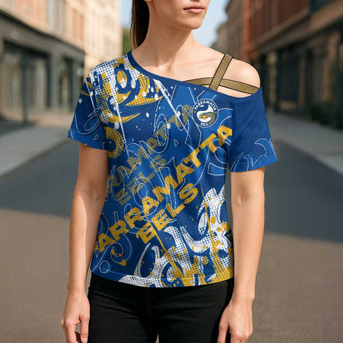 Personalized Parramatta Eels Rugby Cross Shoulder Shirt Urban Street Graffiti Style - Distressed Splatter Elements