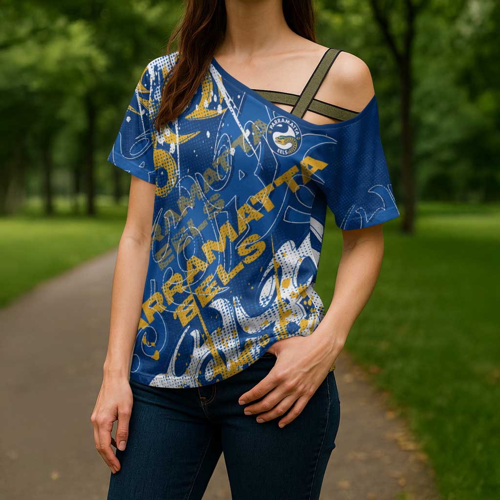 Personalized Parramatta Eels Rugby Cross Shoulder Shirt Urban Street Graffiti Style - Distressed Splatter Elements