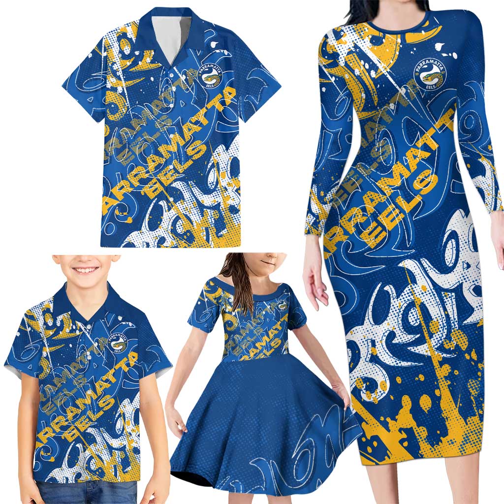Personalized Parramatta Eels Rugby Family Matching Long Sleeve Bodycon Dress and Hawaiian Shirt Urban Street Graffiti Style - Distressed Splatter Elements