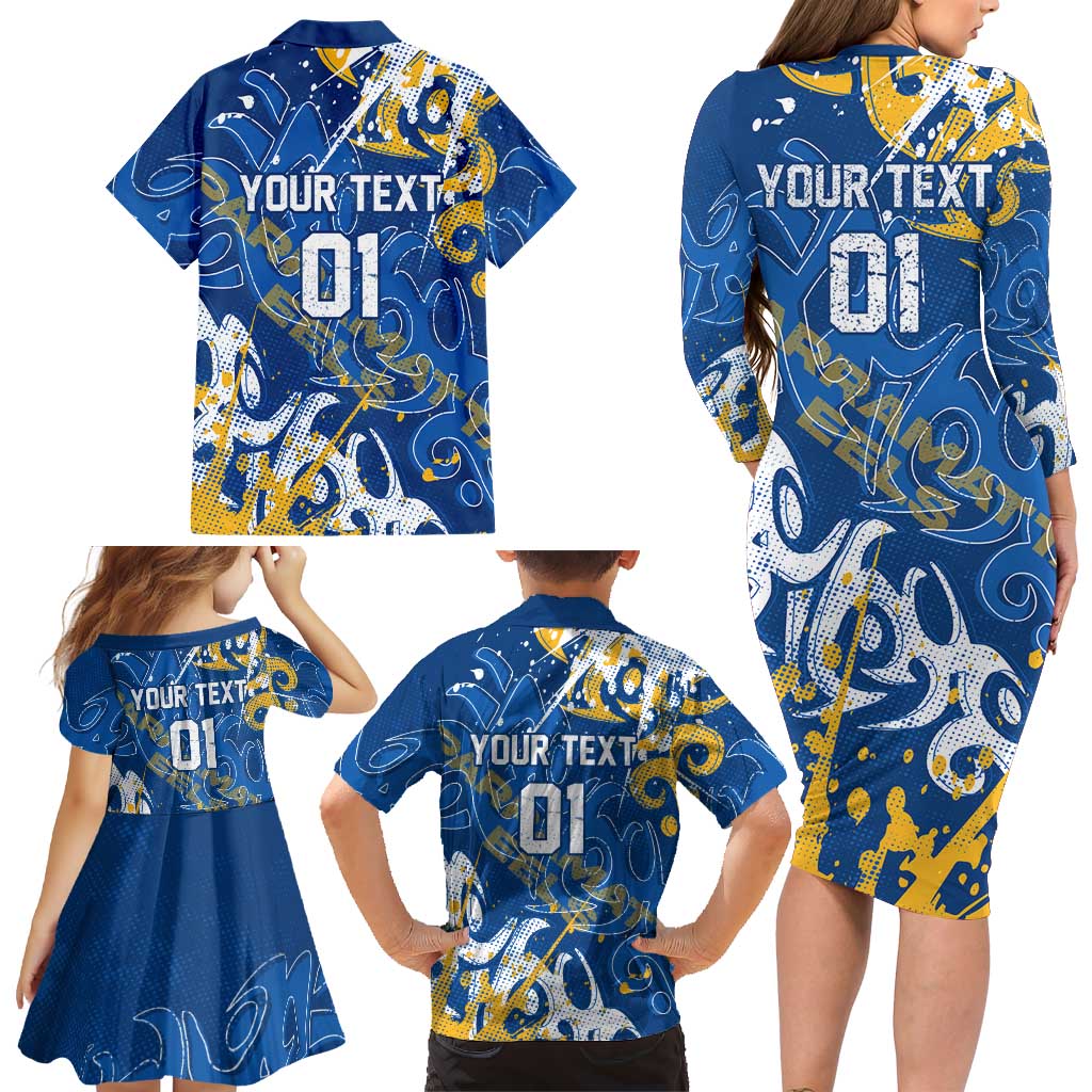 Personalized Parramatta Eels Rugby Family Matching Long Sleeve Bodycon Dress and Hawaiian Shirt Urban Street Graffiti Style - Distressed Splatter Elements