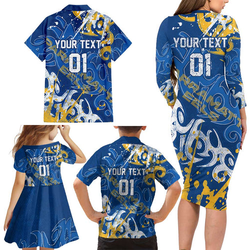 Personalized Parramatta Eels Rugby Family Matching Long Sleeve Bodycon Dress and Hawaiian Shirt Urban Street Graffiti Style - Distressed Splatter Elements