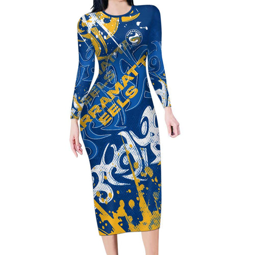 Personalized Parramatta Eels Rugby Family Matching Long Sleeve Bodycon Dress and Hawaiian Shirt Urban Street Graffiti Style - Distressed Splatter Elements