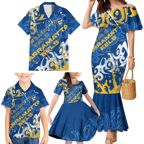 Personalized Parramatta Eels Rugby Family Matching Mermaid Dress and Hawaiian Shirt Urban Street Graffiti Style - Distressed Splatter Elements