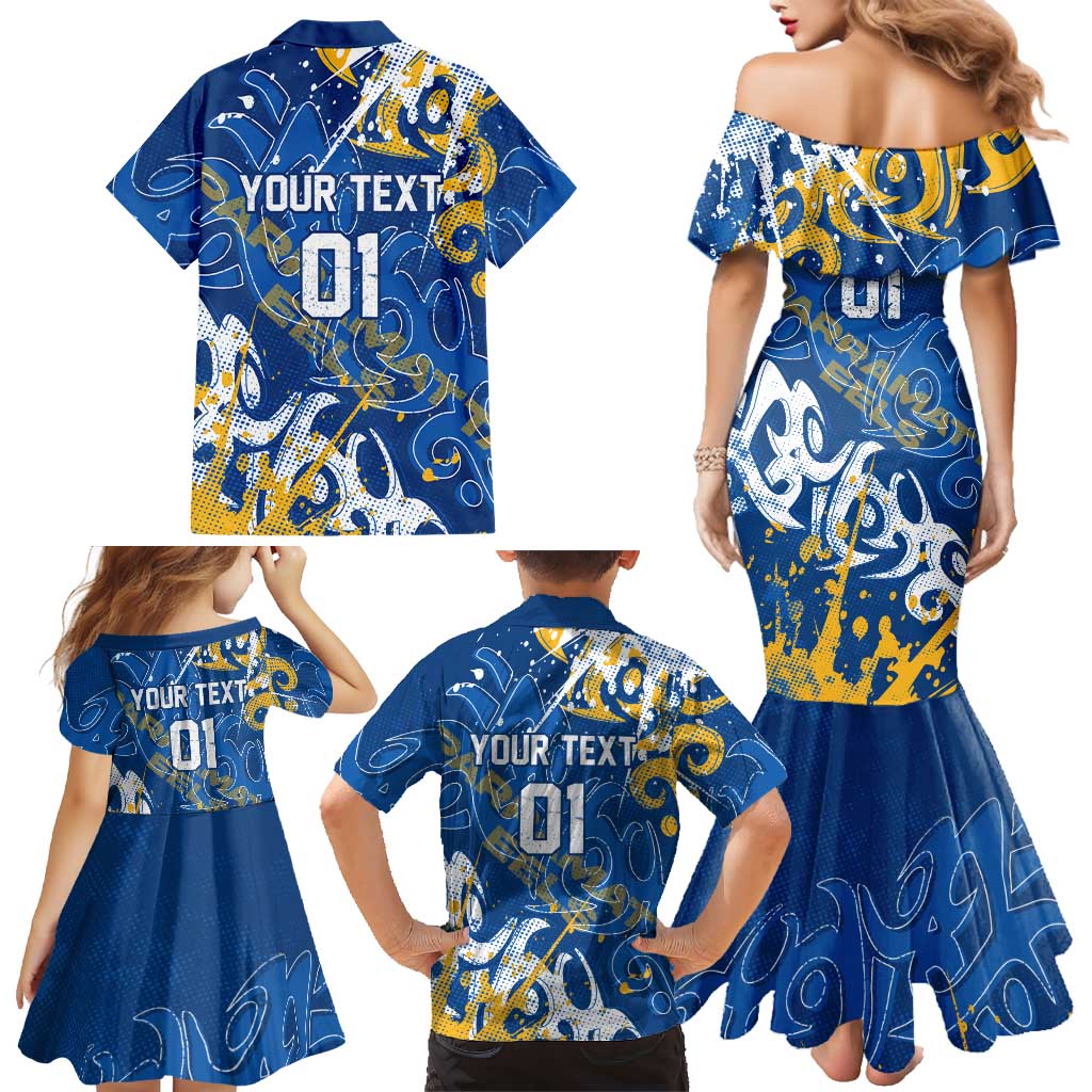 Personalized Parramatta Eels Rugby Family Matching Mermaid Dress and Hawaiian Shirt Urban Street Graffiti Style - Distressed Splatter Elements