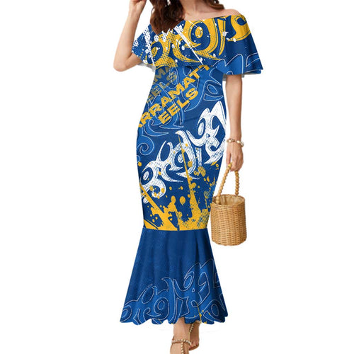 Personalized Parramatta Eels Rugby Family Matching Mermaid Dress and Hawaiian Shirt Urban Street Graffiti Style - Distressed Splatter Elements