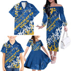 Personalized Parramatta Eels Rugby Family Matching Off The Shoulder Long Sleeve Dress and Hawaiian Shirt Urban Street Graffiti Style - Distressed Splatter Elements
