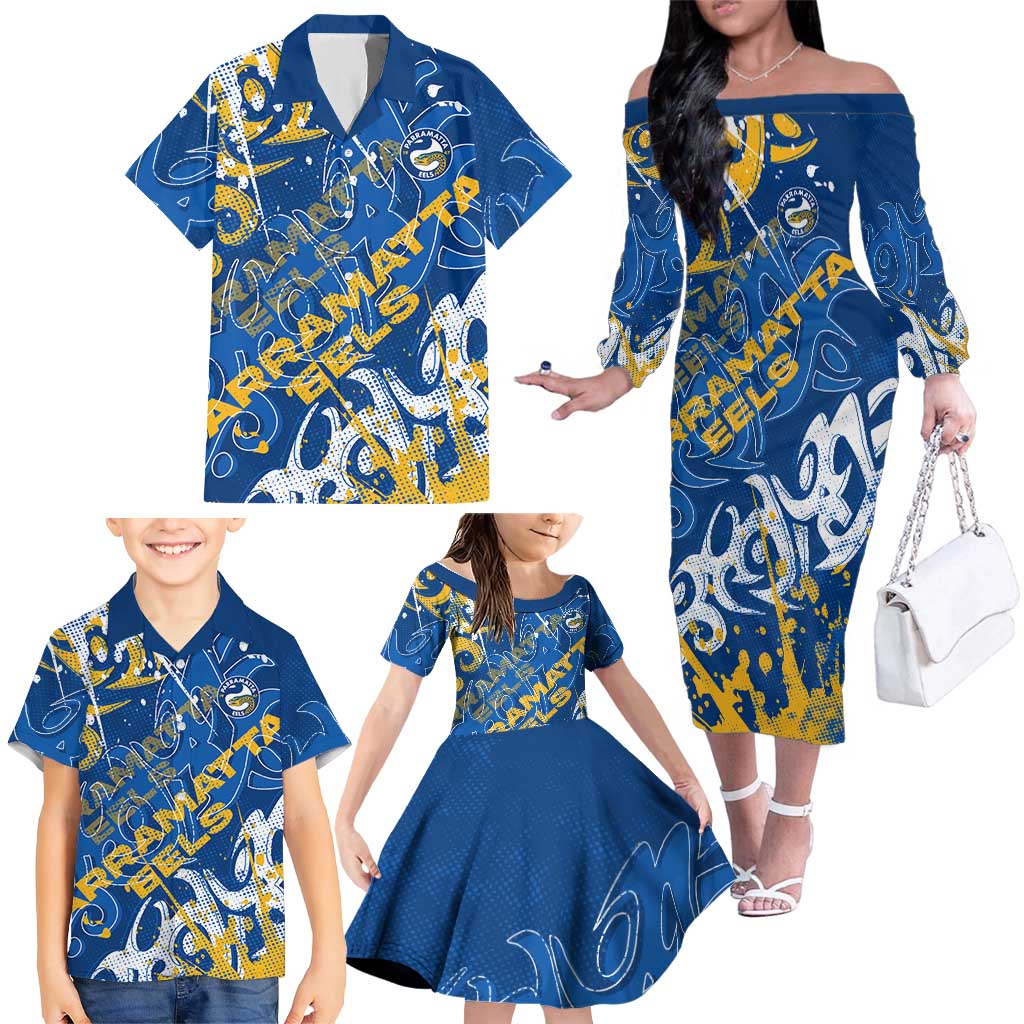 Personalized Parramatta Eels Rugby Family Matching Off The Shoulder Long Sleeve Dress and Hawaiian Shirt Urban Street Graffiti Style - Distressed Splatter Elements