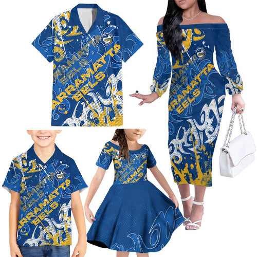 Personalized Parramatta Eels Rugby Family Matching Off The Shoulder Long Sleeve Dress and Hawaiian Shirt Urban Street Graffiti Style - Distressed Splatter Elements