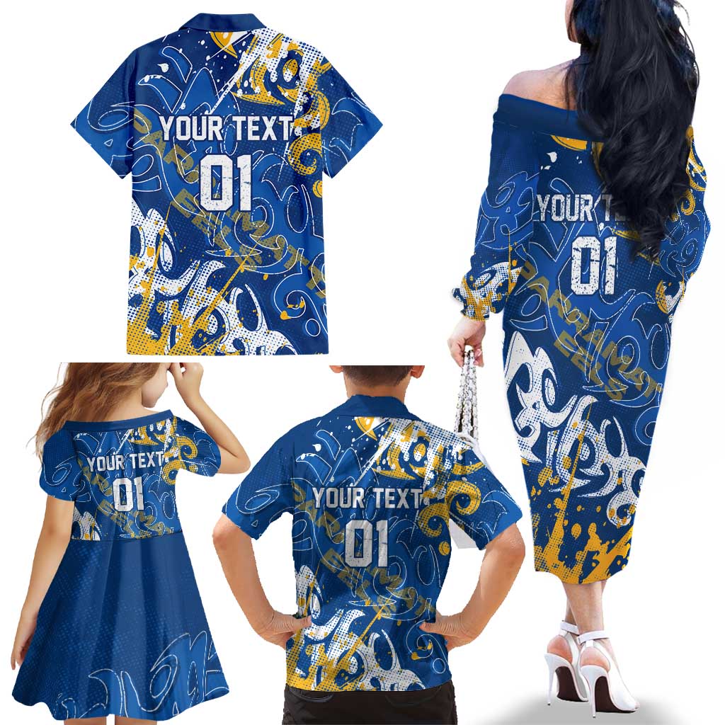 Personalized Parramatta Eels Rugby Family Matching Off The Shoulder Long Sleeve Dress and Hawaiian Shirt Urban Street Graffiti Style - Distressed Splatter Elements
