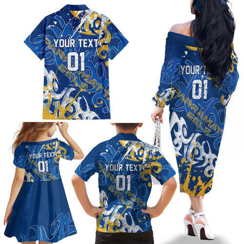 Personalized Parramatta Eels Rugby Family Matching Off The Shoulder Long Sleeve Dress and Hawaiian Shirt Urban Street Graffiti Style - Distressed Splatter Elements