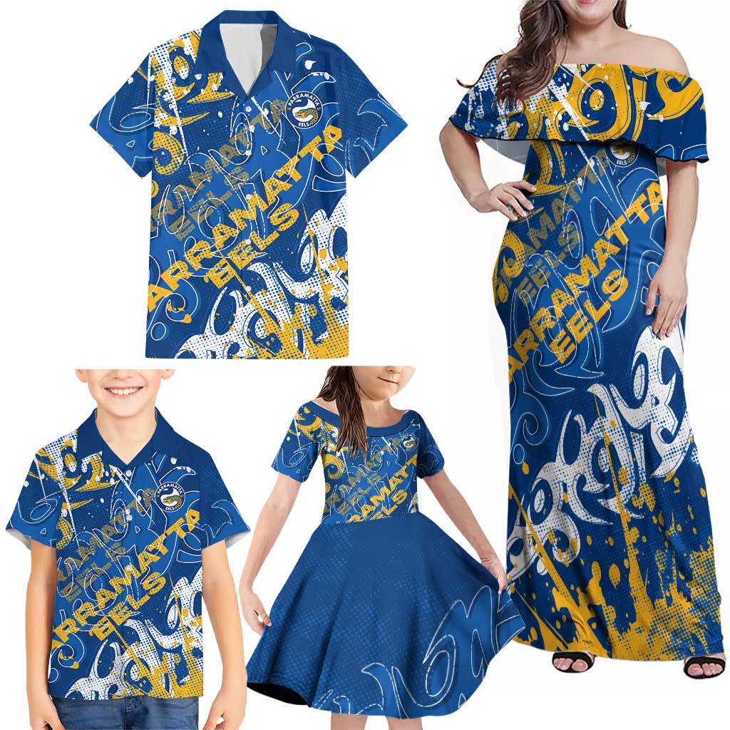 Personalized Parramatta Eels Rugby Family Matching Off Shoulder Maxi Dress and Hawaiian Shirt Urban Street Graffiti Style - Distressed Splatter Elements