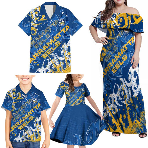 Personalized Parramatta Eels Rugby Family Matching Off Shoulder Maxi Dress and Hawaiian Shirt Urban Street Graffiti Style - Distressed Splatter Elements