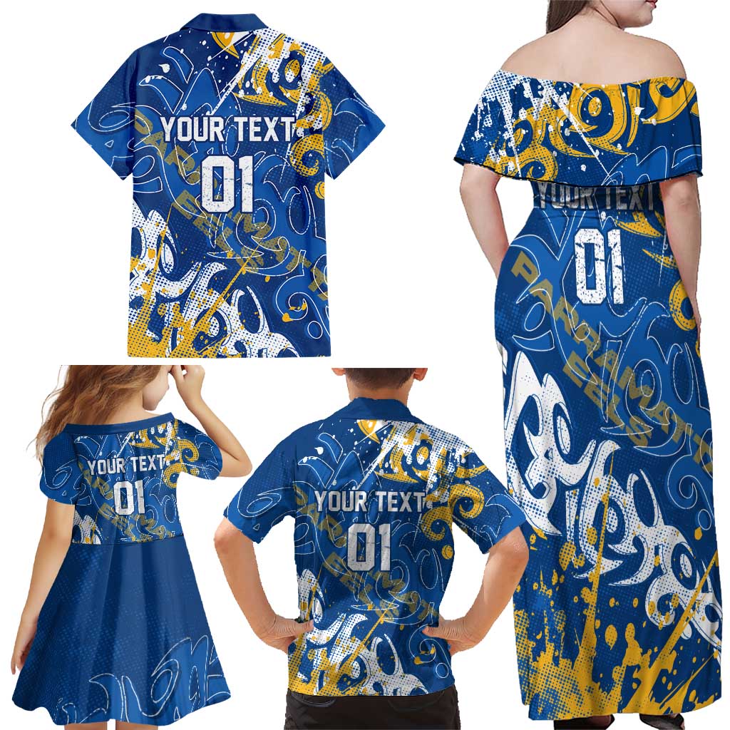 Personalized Parramatta Eels Rugby Family Matching Off Shoulder Maxi Dress and Hawaiian Shirt Urban Street Graffiti Style - Distressed Splatter Elements