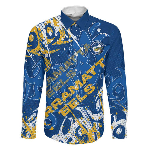 Personalized Parramatta Eels Rugby Family Matching Off Shoulder Maxi Dress and Hawaiian Shirt Urban Street Graffiti Style - Distressed Splatter Elements