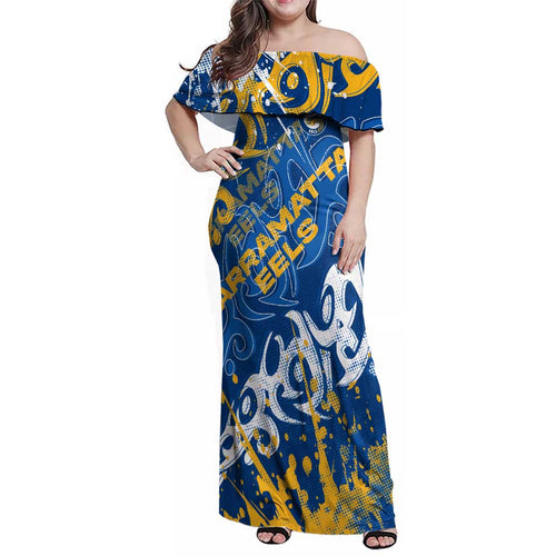 Personalized Parramatta Eels Rugby Family Matching Off Shoulder Maxi Dress and Hawaiian Shirt Urban Street Graffiti Style - Distressed Splatter Elements