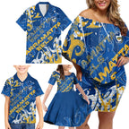 Personalized Parramatta Eels Rugby Family Matching Off Shoulder Short Dress and Hawaiian Shirt Urban Street Graffiti Style - Distressed Splatter Elements