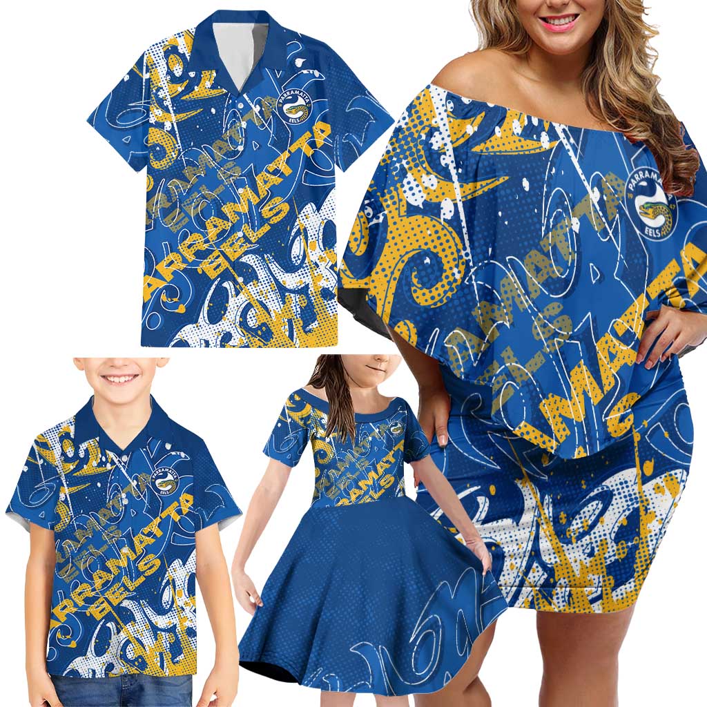 Personalized Parramatta Eels Rugby Family Matching Off Shoulder Short Dress and Hawaiian Shirt Urban Street Graffiti Style - Distressed Splatter Elements